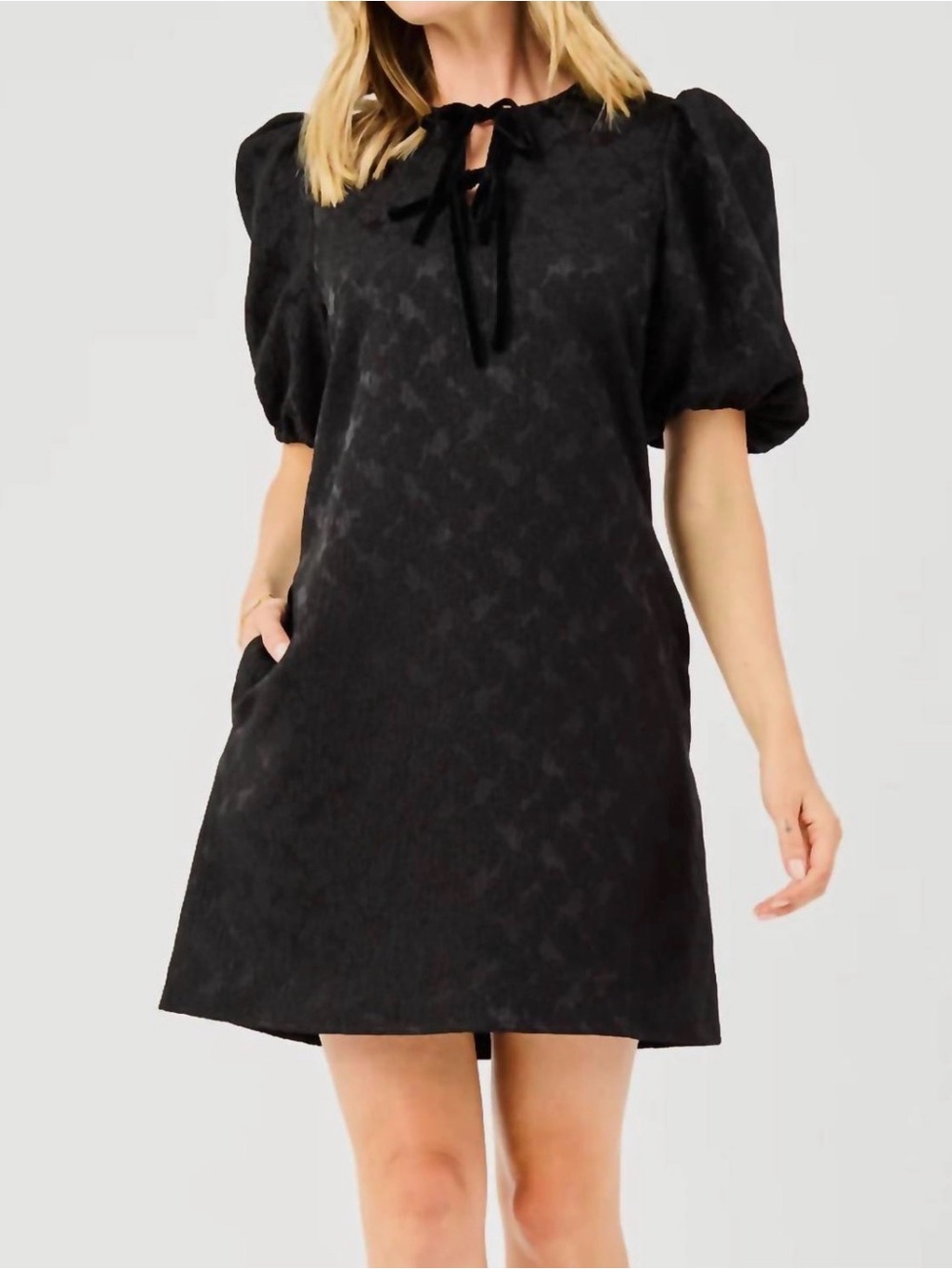 Mary Square Lana Dress
Black Lace Puff-Sleeve A-Line Dress with Tie Neck - Picture 2 of 7